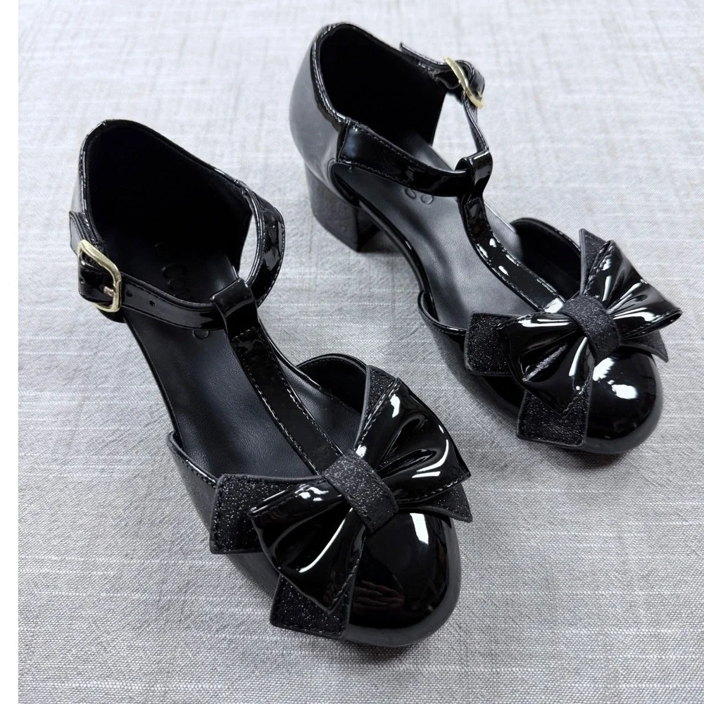 Coutgo Girls Black Patent Mary Jane T-Strap Dress Shoes Low Heel Bow Size 13